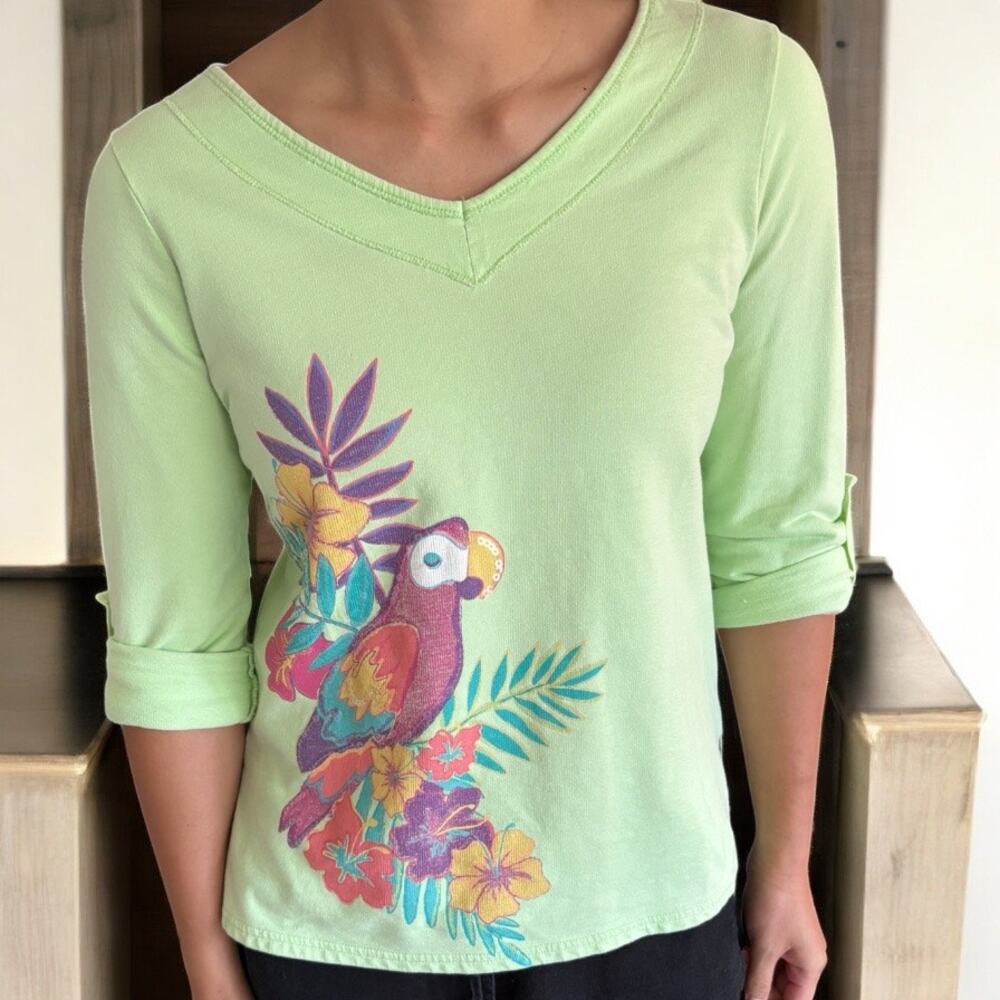 Pastel Embellished Parrot Shirt Sequin Lime Green Petite Small